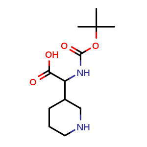Chemical structure of 2-((tert-butoxycarbonyl)amino)-2-(piperidin-3-yl)acetic acid , CAS 1219421-12-1, AChemBlock Q65223