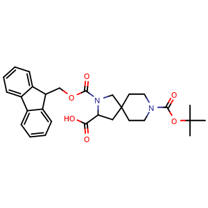 Chemical structure of 2-(((9H-fluoren-9-yl)methoxy)carbonyl)-8-(tert-butoxycarbonyl)-2,8-diazaspiro[4.5]decane-3-carboxylic acid , CAS 849928-23-0, AChemBlock Q65264