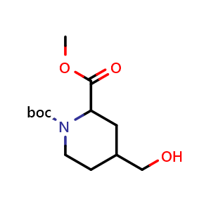 Chemical structure of 1-(tert-butyl) 2-methyl 4-(hydroxymethyl)piperidine-1,2-dicarboxylate , CAS 2306260-95-5, AChemBlock Q65301
