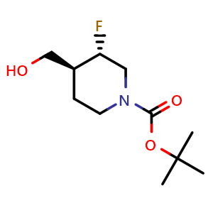 Chemical structure of tert-butyl (3S,4S)-3-fluoro-4-(hydroxymethyl)piperidine-1-carboxylate , CAS 1610418-18-2, AChemBlock Q65307
