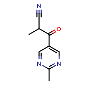 Chemical structure of 2-methyl-3-(2-methylpyrimidin-5-yl)-3-oxopropanenitrile , CAS 1956377-72-2, AChemBlock Q65321
