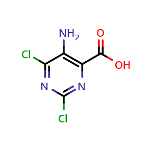 Chemical structure of 5-amino-2,6-dichloropyrimidine-4-carboxylic acid , CAS 1207176-09-7, AChemBlock Q65342