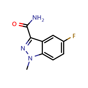 Chemical structure of 5-fluoro-1-methyl-1H-indazole-3-carboxamide , CAS 1638591-44-2, AChemBlock Q65347