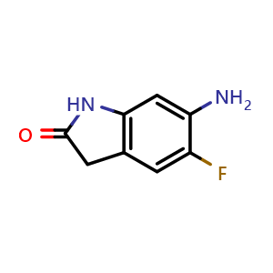 Chemical structure of 6-amino-5-fluoroindolin-2-one , CAS 150544-01-7, AChemBlock Q65383