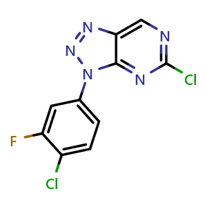 Chemical structure of 5-Chloro-3-(4-chloro-3-fluorophenyl)-3H-[1,2,3]triazolo[4,5-d]pyrimidine , CAS 1627180-68-0, AChemBlock Q65407