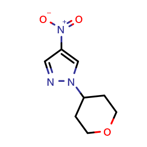 Chemical structure of 4-nitro-1-(tetrahydro-2H-pyran-4-yl)-1H-pyrazole , CAS 1190380-50-7, AChemBlock Q65409