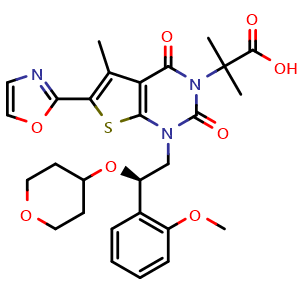 Chemical structure of (R)-2-(1-(2-(2-methoxyphenyl)-2-((tetrahydro-2H-pyran-4-yl)oxy)ethyl)-5-methyl-6-(oxazol-2-yl)-2,4-dioxo-1,4-dihydrothieno[2,3-d]pyrimidin-3(2H)-yl)-2-methylpropanoic acid , CAS 1434635-54-7, AChemBlock Q65419