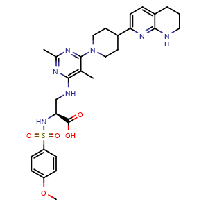 Chemical structure of (S)-3-((2,5-dimethyl-6-(4-(5,6,7,8-tetrahydro-1,8-naphthyridin-2-yl)piperidin-1-yl)pyrimidin-4-yl)amino)-2-((4-methoxyphenyl)sulfonamido)propanoic acid , CAS 1320346-97-1, AChemBlock Q65420