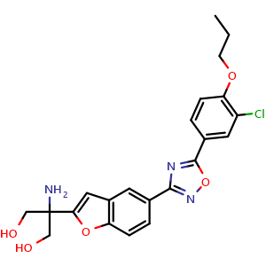 Chemical structure of 2-amino-2-(5-(5-(3-chloro-4-propoxyphenyl)-1,2,4-oxadiazol-3-yl)benzofuran-2-yl)propane-1,3-diol , CAS 1220973-37-4, AChemBlock Q65422