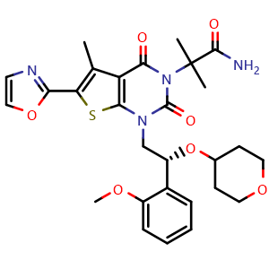 Chemical structure of (R)-2-(1-(2-(2-methoxyphenyl)-2-((tetrahydro-2H-pyran-4-yl)oxy)ethyl)-5-methyl-6-(oxazol-2-yl)-2,4-dioxo-1,4-dihydrothieno[2,3-d]pyrimidin-3(2H)-yl)-2-methylpropanamide , CAS 1434639-57-2, AChemBlock Q65424