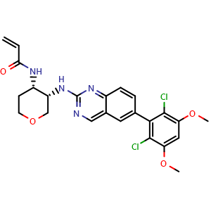 Chemical structure of N-((3S,4S)-3-((6-(2,6-dichloro-3,5-dimethoxyphenyl)quinazolin-2-yl)amino)tetrahydro-2H-pyran-4-yl)acrylamide , CAS 1707289-21-1, AChemBlock Q65428