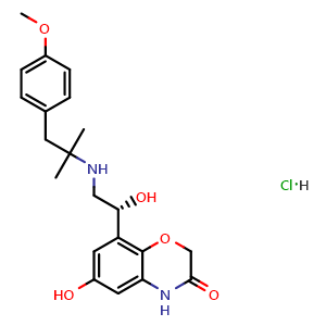Chemical structure of (R)-6-hydroxy-8-(1-hydroxy-2-((1-(4-methoxyphenyl)-2-methylpropan-2-yl)amino)ethyl)-2H-benzo[b][1,4]oxazin-3(4H)-one hydrochloride , CAS 869477-96-3, AChemBlock Q65429