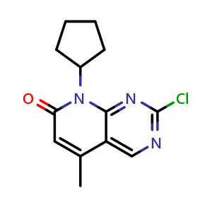 Chemical structure of 2-chloro-8-cyclopentyl-5-methylpyrido[2,3-d]pyrimidin-7(8H)-one , CAS 1013916-37-4, AChemBlock Q65433