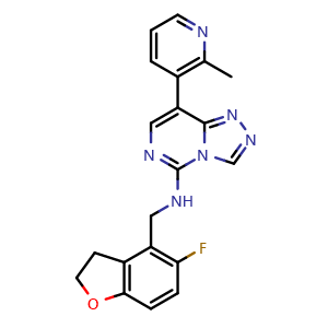 Chemical structure of N-((5-fluoro-2,3-dihydrobenzofuran-4-yl)methyl)-8-(2-methylpyridin-3-yl)-[1,2,4]triazolo[4,3-c]pyrimidin-5-amine , CAS 1951408-58-4, AChemBlock Q65445