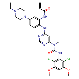 Chemical structure of N-(2-((6-(3-(2,6-dichloro-3,5-dimethoxyphenyl)-1-methylureido)pyrimidin-4-yl)amino)-5-(4-ethylpiperazin-1-yl)phenyl)acrylamide , CAS 1702259-66-2, AChemBlock Q65446