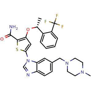 Chemical structure of (R)-5-(6-((4-methylpiperazin-1-yl)methyl)-1H-benzo[d]imidazol-1-yl)-3-(1-(2-(trifluoromethyl)phenyl)ethoxy)thiophene-2-carboxamide , CAS 929095-18-1, AChemBlock Q65450