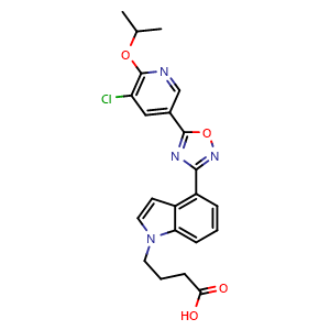 Chemical structure of 4-(4-(5-(5-chloro-6-isopropoxypyridin-3-yl)-1,2,4-oxadiazol-3-yl)-1H-indol-1-yl)butanoic acid , CAS 1034688-30-6, AChemBlock Q65453