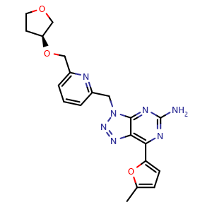Chemical structure of (S)-7-(5-methylfuran-2-yl)-3-((6-(((tetrahydrofuran-3-yl)oxy)methyl)pyridin-2-yl)methyl)-3H-[1,2,3]triazolo[4,5-d]pyrimidin-5-amine , CAS 1202402-40-1, AChemBlock Q65455