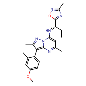 Chemical structure of (S)-3-(4-methoxy-2-methylphenyl)-2,5-dimethyl-N-(1-(3-methyl-1,2,4-oxadiazol-5-yl)propyl)pyrazolo[1,5-a]pyrimidin-7-amine , CAS 885220-61-1, AChemBlock Q65456
