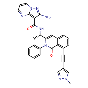 Chemical structure of (S)-2-amino-N-(1-(8-((1-methyl-1H-pyrazol-4-yl)ethynyl)-1-oxo-2-phenyl-1,2-dihydroisoquinolin-3-yl)ethyl)pyrazolo[1,5-a]pyrimidine-3-carboxamide , CAS 1693758-51-8, AChemBlock Q65457