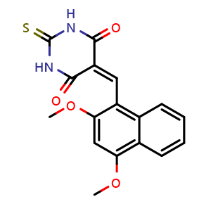 Chemical structure of 5-((2,4-dimethoxynaphthalen-1-yl)methylene)-2-thioxodihydropyrimidine-4,6(1H,5H)-dione , CAS 1584121-99-2, AChemBlock Q65473