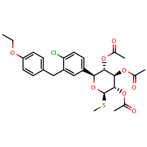 Chemical structure of (2S,3S,4R,5S,6R)-2-(4-chloro-3-(4-ethoxybenzyl)phenyl)-6-(methylthio)tetrahydro-2H-pyran-3,4,5-triyl triacetate , CAS 1018899-03-0, AChemBlock Q65475