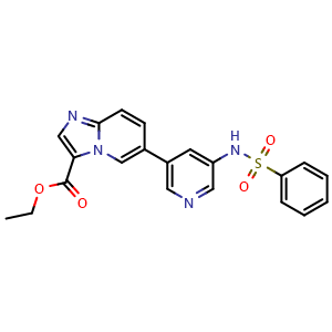 Chemical structure of ethyl 6-(5-(phenylsulfonamido)pyridin-3-yl)imidazo[1,2-a]pyridine-3-carboxylate , CAS 1276110-06-5, AChemBlock Q65506