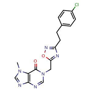 Chemical structure of 1-((3-(4-chlorophenethyl)-1,2,4-oxadiazol-5-yl)methyl)-7-methyl-1,7-dihydro-6H-purin-6-one , CAS 1883711-97-4, AChemBlock Q65508