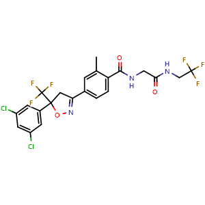 Chemical structure of 4-(5-(3,5-dichlorophenyl)-5-(trifluoromethyl)-4,5-dihydroisoxazol-3-yl)-2-methyl-N-(2-oxo-2-((2,2,2-trifluoroethyl)amino)ethyl)benzamide , CAS 864731-61-3, AChemBlock Q65509