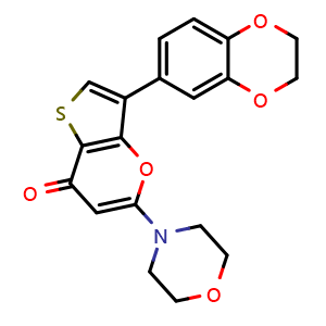 Chemical structure of 3-(2,3-dihydrobenzo[b][1,4]dioxin-6-yl)-5-morpholino-7H-thieno[3,2-b]pyran-7-one , CAS 1174428-47-7, AChemBlock Q65513