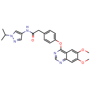 Chemical structure of 2-(4-((6,7-dimethoxyquinazolin-4-yl)oxy)phenyl)-N-(1-isopropyl-1H-pyrazol-4-yl)acetamide , CAS 883986-34-3, AChemBlock Q65517