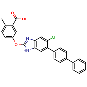 Chemical structure of 5-((6-([1,1'-biphenyl]-4-yl)-5-chloro-1H-benzo[d]imidazol-2-yl)oxy)-2-methylbenzoic acid , CAS 1219737-12-8, AChemBlock Q65519