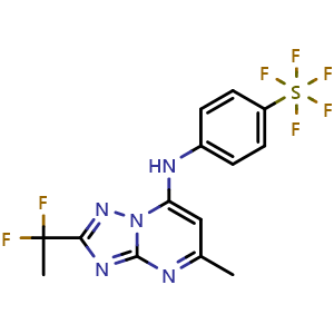 Chemical structure of 2-(1,1-difluoroethyl)-5-methyl-N-(4-(pentafluoro-l6-sulfaneyl)phenyl)-[1,2,4]triazolo[1,5-a]pyrimidin-7-amine , CAS 1282041-94-4, AChemBlock Q65520