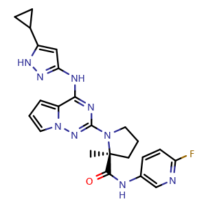 Chemical structure of (S)-1-(4-((5-cyclopropyl-1H-pyrazol-3-yl)amino)pyrrolo[2,1-f][1,2,4]triazin-2-yl)-N-(6-fluoropyridin-3-yl)-2-methylpyrrolidine-2-carboxamide , CAS 1001350-96-4, AChemBlock Q65525