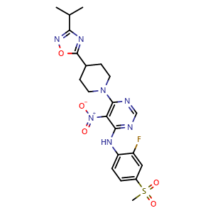 Chemical structure of N-(2-fluoro-4-(methylsulfonyl)phenyl)-6-(4-(3-isopropyl-1,2,4-oxadiazol-5-yl)piperidin-1-yl)-5-nitropyrimidin-4-amine , CAS 733750-99-7, AChemBlock Q65526