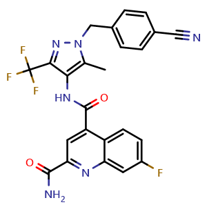 Chemical structure of N4-(1-(4-cyanobenzyl)-5-methyl-3-(trifluoromethyl)-1H-pyrazol-4-yl)-7-fluoroquinoline-2,4-dicarboxamide , CAS 1799753-84-6, AChemBlock Q65530