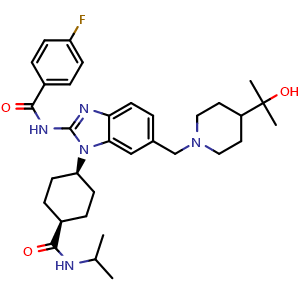 Chemical structure of 4-fluoro-N-(6-((4-(2-hydroxypropan-2-yl)piperidin-1-yl)methyl)-1-((1s,4s)-4-(isopropylcarbamoyl)cyclohexyl)-1H-benzo[d]imidazol-2-yl)benzamide , CAS 1357920-84-3, AChemBlock Q65532