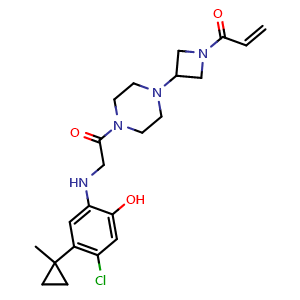 Chemical structure of 1-(3-(4-((4-chloro-2-hydroxy-5-(1-methylcyclopropyl)phenyl)glycyl)piperazin-1-yl)azetidin-1-yl)prop-2-en-1-one , CAS 1629268-00-3, AChemBlock Q65538