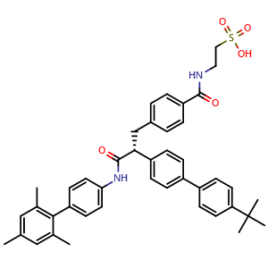 Chemical structure of (R)-2-(4-(2-(4'-(tert-butyl)-[1,1'-biphenyl]-4-yl)-3-oxo-3-((2',4',6'-trimethyl-[1,1'-biphenyl]-4-yl)amino)propyl)benzamido)ethane-1-sulfonic acid , CAS 1207989-09-0, AChemBlock Q65539