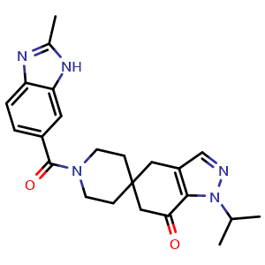 Chemical structure of 1-isopropyl-1'-(2-methyl-1H-benzo[d]imidazole-6-carbonyl)-1,4-dihydrospiro[indazole-5,4'-piperidin]-7(6H)-one , CAS 1301214-47-0, AChemBlock Q65540
