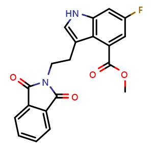 Chemical structure of methyl 3-(2-(1,3-dioxoisoindolin-2-yl)ethyl)-6-fluoro-1H-indole-4-carboxylate , CAS 1408282-25-6, AChemBlock Q65573
