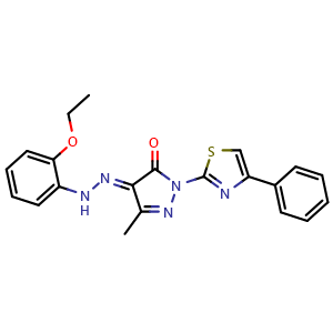 Chemical structure of (E)-4-(2-(2-ethoxyphenyl)hydrazineylidene)-5-methyl-2-(4-phenylthiazol-2-yl)-2,4-dihydro-3H-pyrazol-3-one , CAS 331244-89-4, AChemBlock Q65607