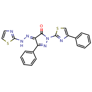 Chemical structure of (E)-5-phenyl-2-(4-phenylthiazol-2-yl)-4-(2-(thiazol-2-yl)hydrazineylidene)-2,4-dihydro-3H-pyrazol-3-one , CAS 314761-14-3, AChemBlock Q65608