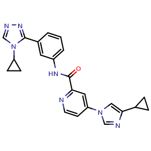 Chemical structure of 4-(4-cyclopropyl-1H-imidazol-1-yl)-N-(3-(4-cyclopropyl-4H-1,2,4-triazol-3-yl)phenyl)picolinamide , CAS 1262041-49-5, AChemBlock Q65609