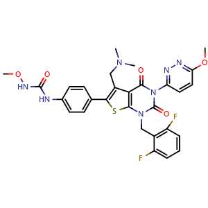 Chemical structure of 1-(4-(1-(2,6-difluorobenzyl)-5-((dimethylamino)methyl)-3-(6-methoxypyridazin-3-yl)-2,4-dioxo-1,2,3,4-tetrahydrothieno[2,3-d]pyrimidin-6-yl)phenyl)-3-methoxyurea , CAS 737789-87-6, AChemBlock Q65610