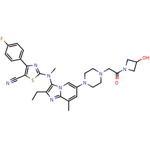 Chemical structure of 2-((2-ethyl-6-(4-(2-(3-hydroxyazetidin-1-yl)-2-oxoethyl)piperazin-1-yl)-8-methylimidazo[1,2-a]pyridin-3-yl)(methyl)amino)-4-(4-fluorophenyl)thiazole-5-carbonitrile , CAS 1628260-79-6, AChemBlock Q65611