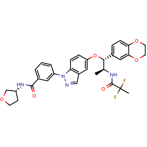 Chemical structure of 3-(5-((1R,2S)-2-(2,2-difluoropropanamido)-1-(2,3-dihydrobenzo[b][1,4]dioxin-6-yl)propoxy)-1H-indazol-1-yl)-N-((R)-tetrahydrofuran-3-yl)benzamide , CAS 1196509-60-0, AChemBlock Q65612