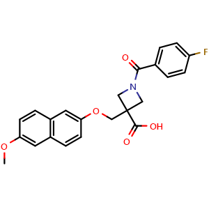 Chemical structure of 1-(4-fluorobenzoyl)-3-(((6-methoxynaphthalen-2-yl)oxy)methyl)azetidine-3-carboxylic acid , CAS 1078166-57-0, AChemBlock Q65614