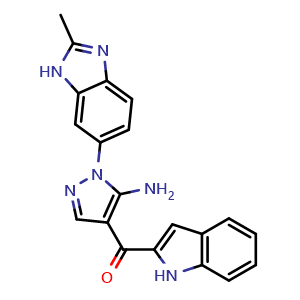Chemical structure of (5-amino-1-(2-methyl-1H-benzo[d]imidazol-6-yl)-1H-pyrazol-4-yl)(1H-indol-2-yl)methanone , CAS 1265229-25-1, AChemBlock Q65616