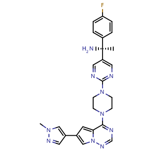 Chemical structure of (S)-1-(4-fluorophenyl)-1-(2-(4-(6-(1-methyl-1H-pyrazol-4-yl)pyrrolo[2,1-f][1,2,4]triazin-4-yl)piperazin-1-yl)pyrimidin-5-yl)ethan-1-amine , CAS 1703793-34-3, AChemBlock Q65617